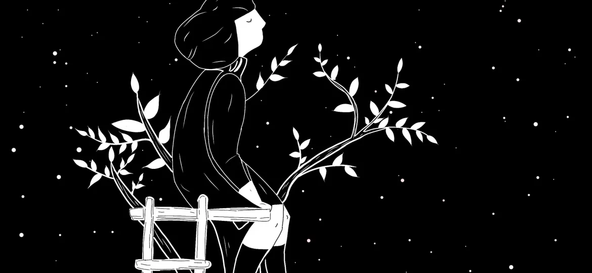 Frau sitzt auf einem Rankgitter und sieht in den Nachthimmel, während ihre Gedanken überprüft - ein Beispiel für "The Work" in der Paartherapie.