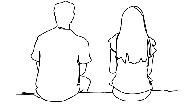 liebe-ohne-kampf-workbook-illustration-paar-strichzeichnung Illustration von zwei Personen, die nebeneinandersitzen