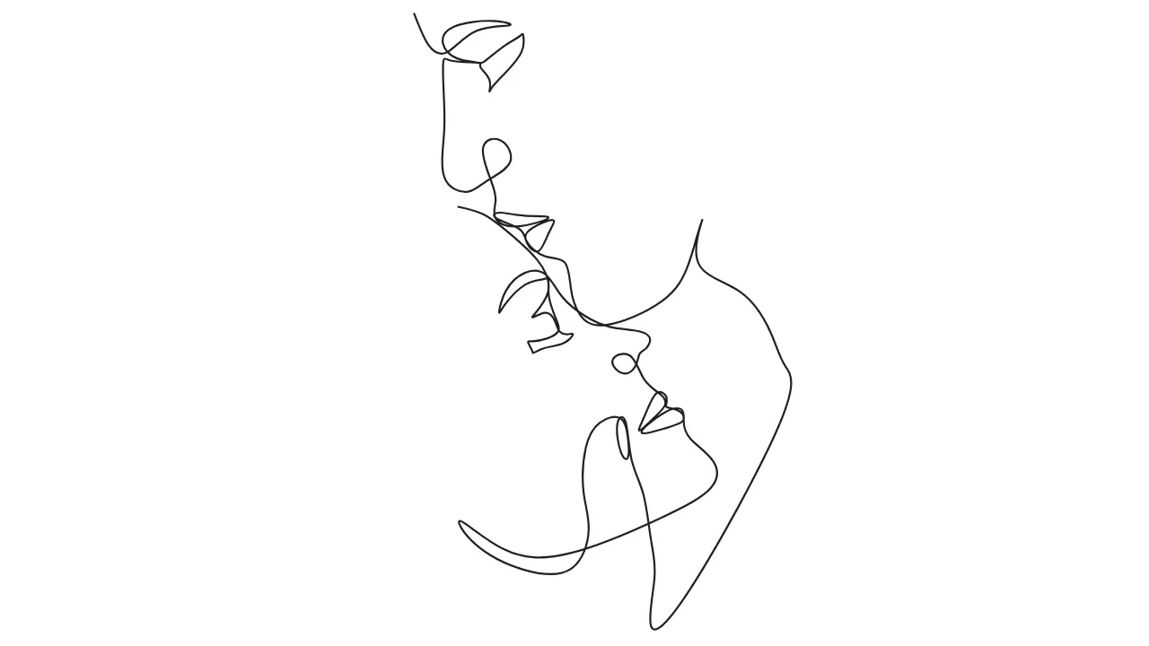 liebe-ohne-kampf-workbook-illustration-zwei-gesichter-strichzeichnung Illustration von zwei Gesichtern, von denen eins das andere zärtlich auf die Stirn küsst